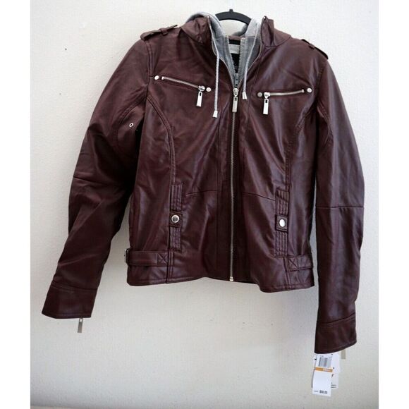 Jou Jou 103-1192ME Juniors Sz S Walnut Brown Faux-Leather Hooded Moto Jacket - Picture 1 of 9